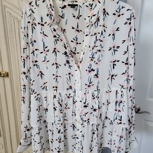 Ann Taylor White Button-Front Floral Tiered Blouse with Pink & Black Accents